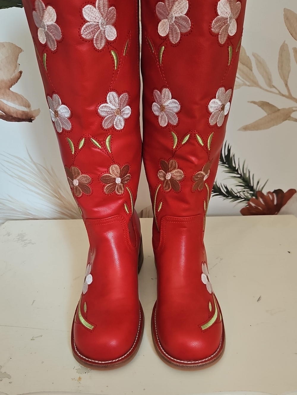 Tomato Red Floral Embroidered Campus Style Boots, Faux Leather, 8, NWOB - Picture 5 of 11